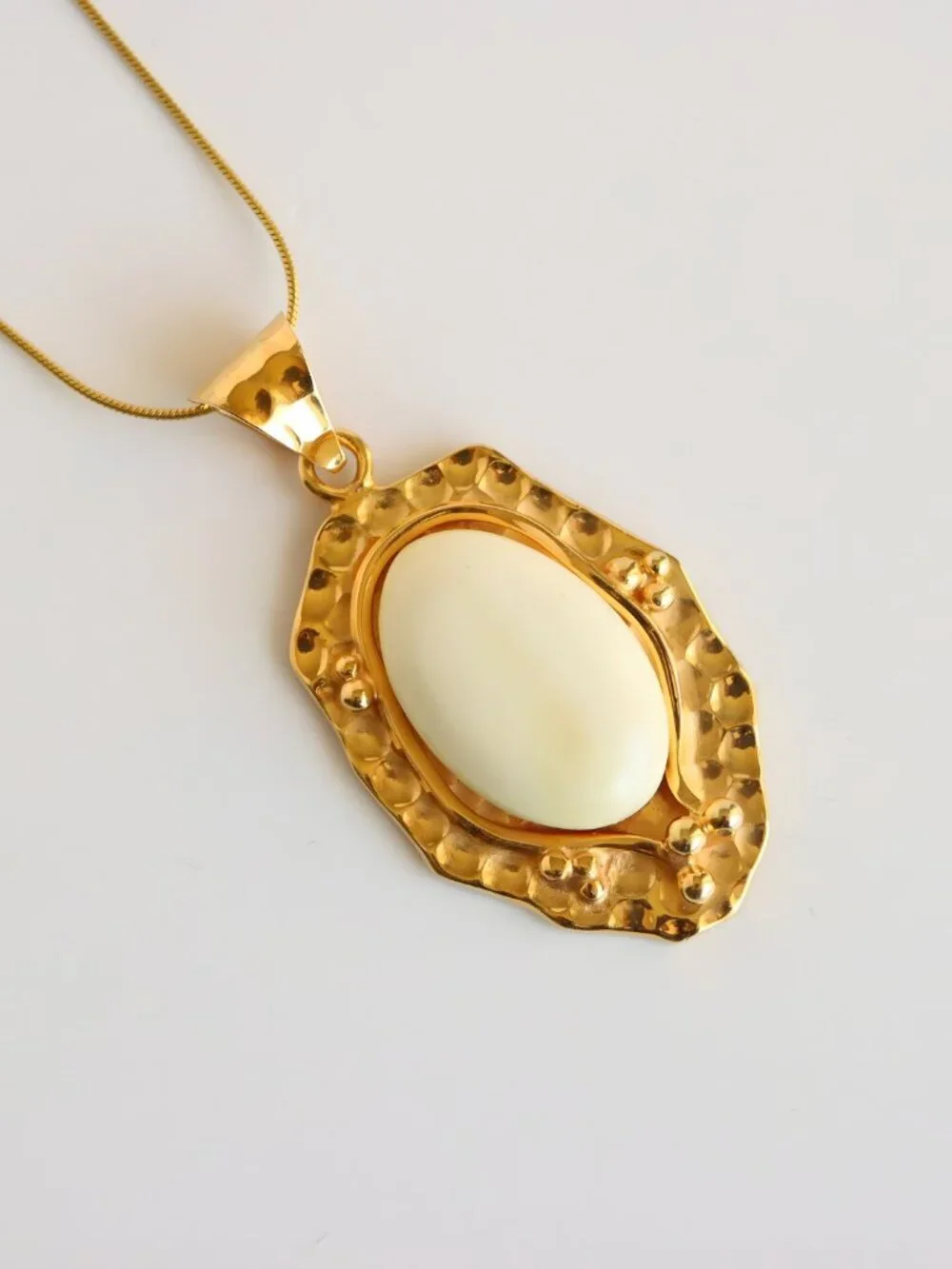 White Baltic Amber Necklace Gold Plated Silver Oval Pendant